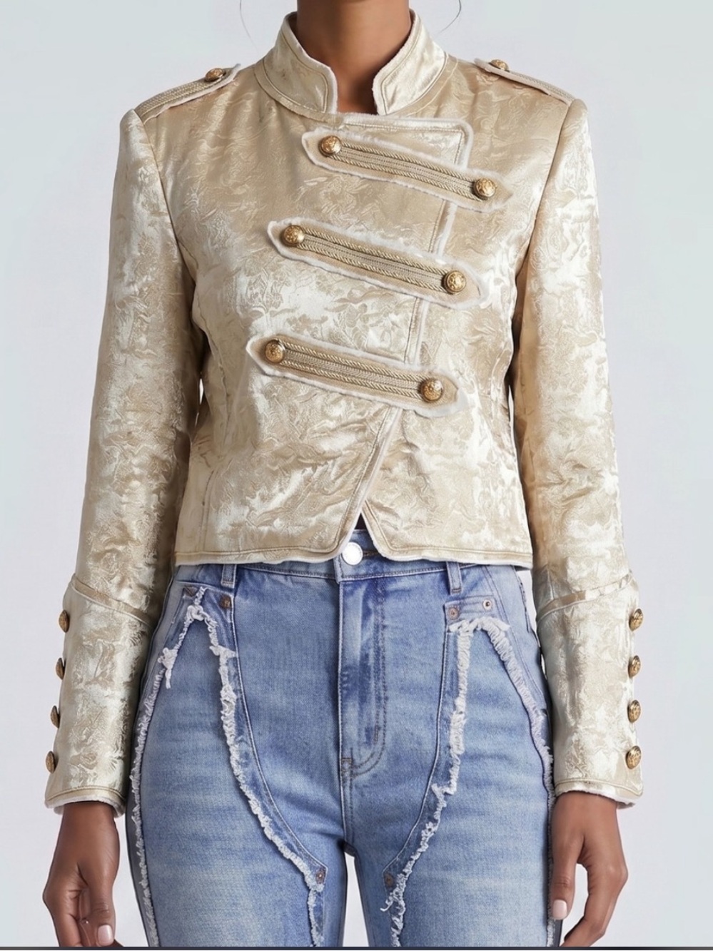 Ivory Brocade Military-Style Women's Jacket